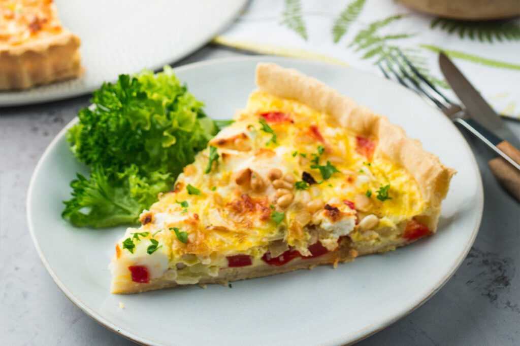 Goats Cheese Red Pepper and Pine Nut Quiche