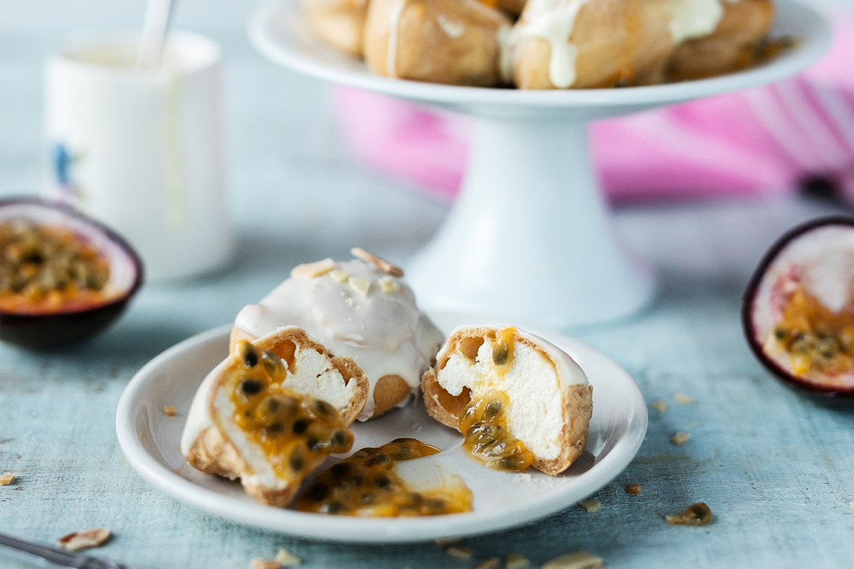 Passionfruit & White Chocolate Profiteroles