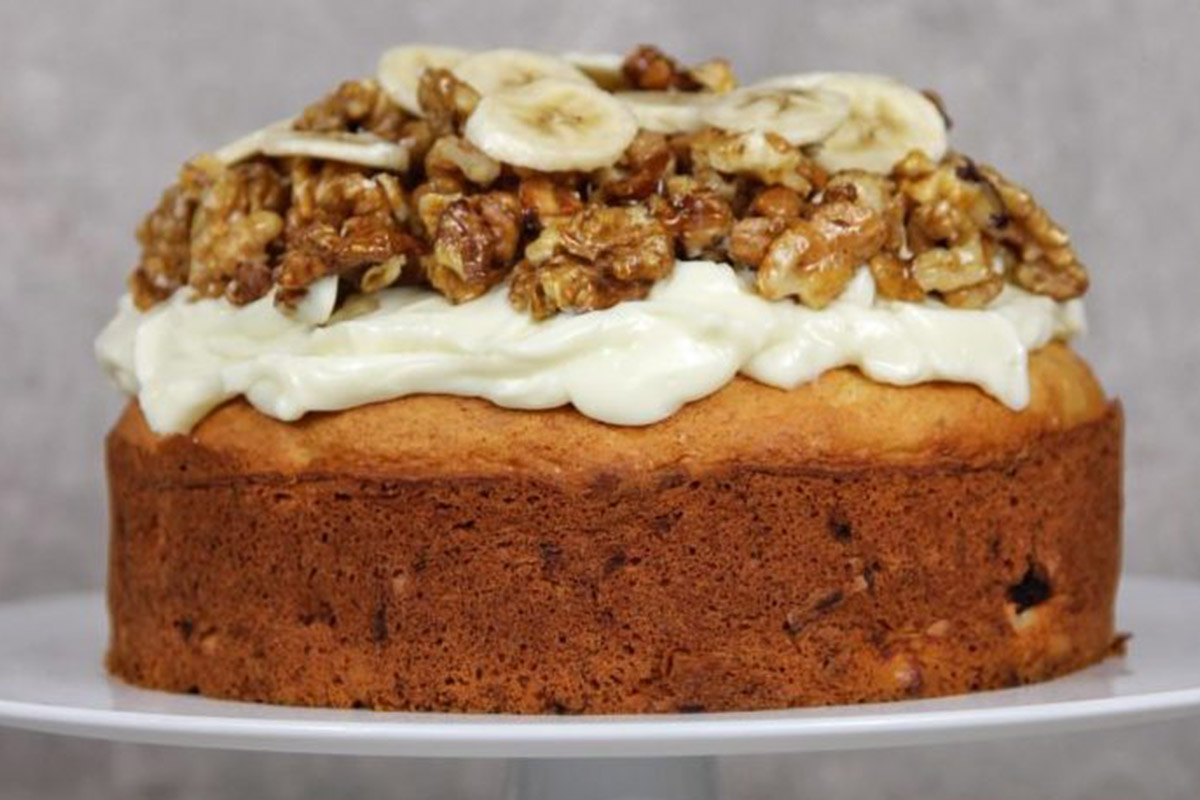 Banana Cake with Frosting and Walnuts