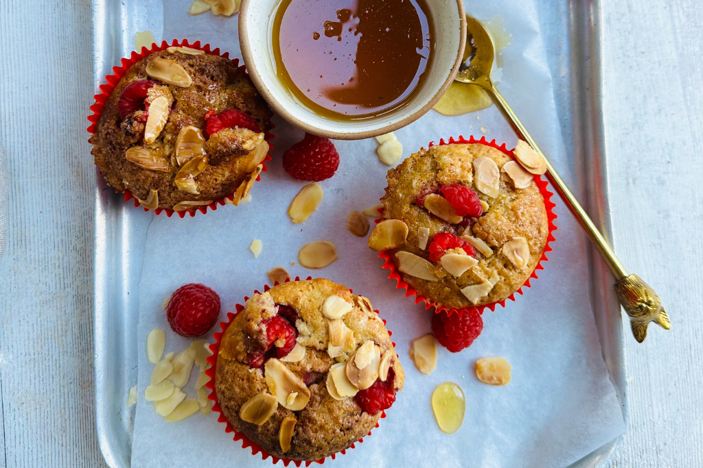 Raspberry, Pear & Almond Muffins