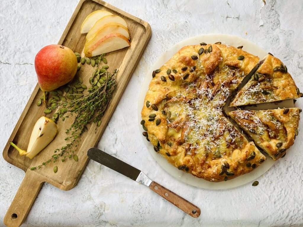 Odlums Pear, Caramelised Red Onion & Cashel Blue Cheese Galette